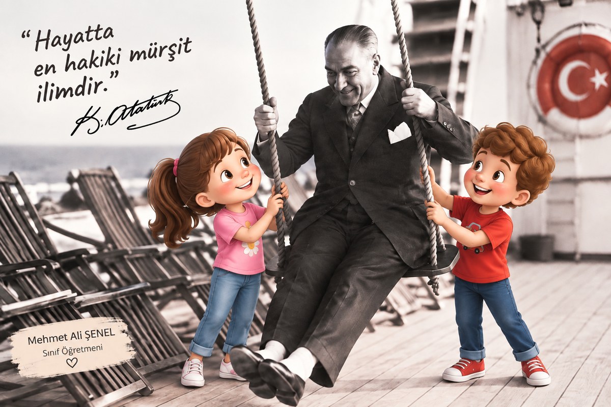 Atatürk salıncakta iki çocukla birlikte; üstte 'Hayatta en hakiki mürşit ilimdir' sözü, altta Mehmet Ali ŞENEL - Sınıf Öğretmeni imzası