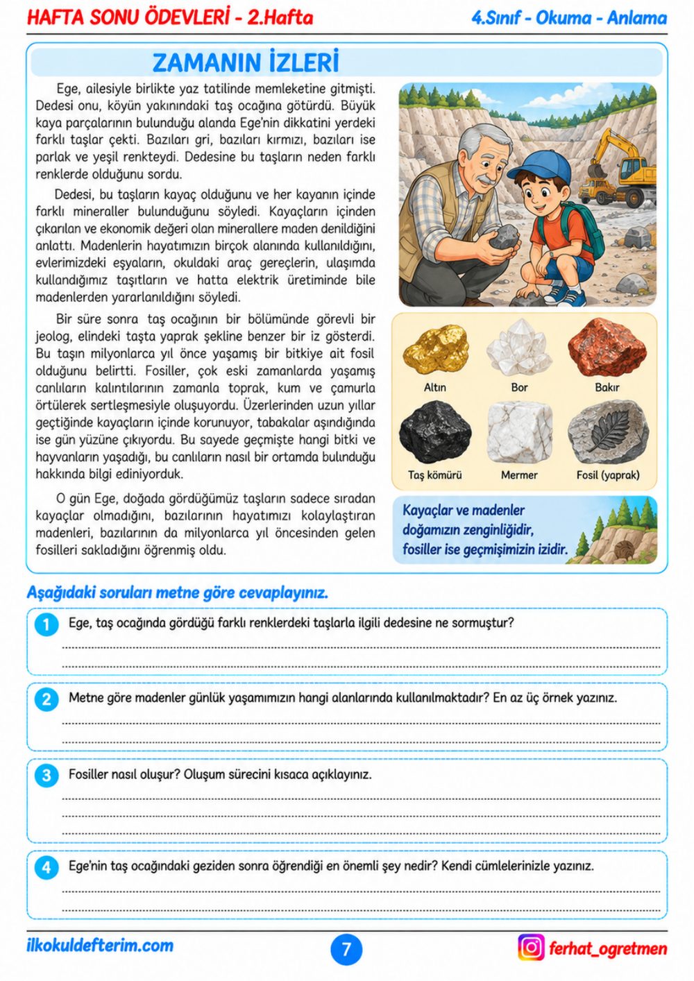 8. sayfa — Okuma-Anlama: “Zamanın İzleri” metni ve sorular